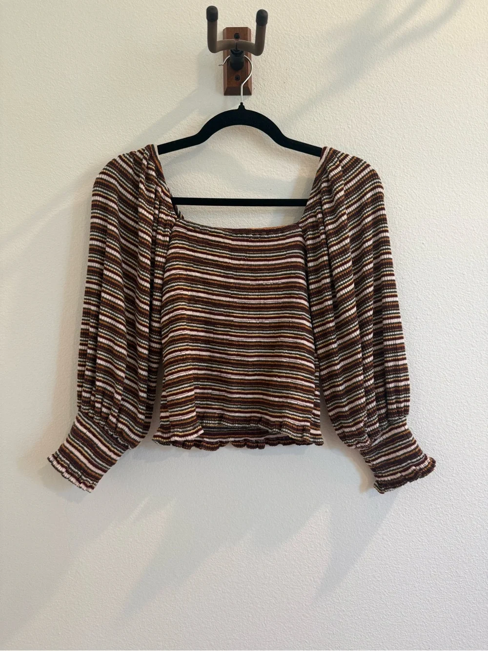 Striped Square-Neck Puff Sleeve Top - Brown